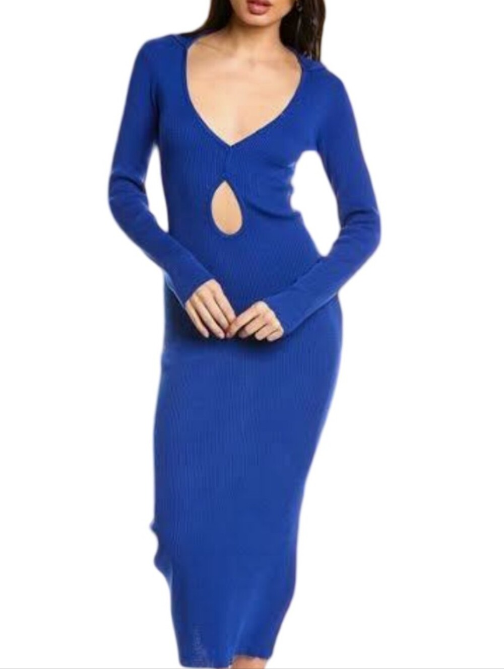 Bardot | Cobalt Blue Ribbed Long Sleeve Maxi  Dress | Front Keyhole | Feminine |